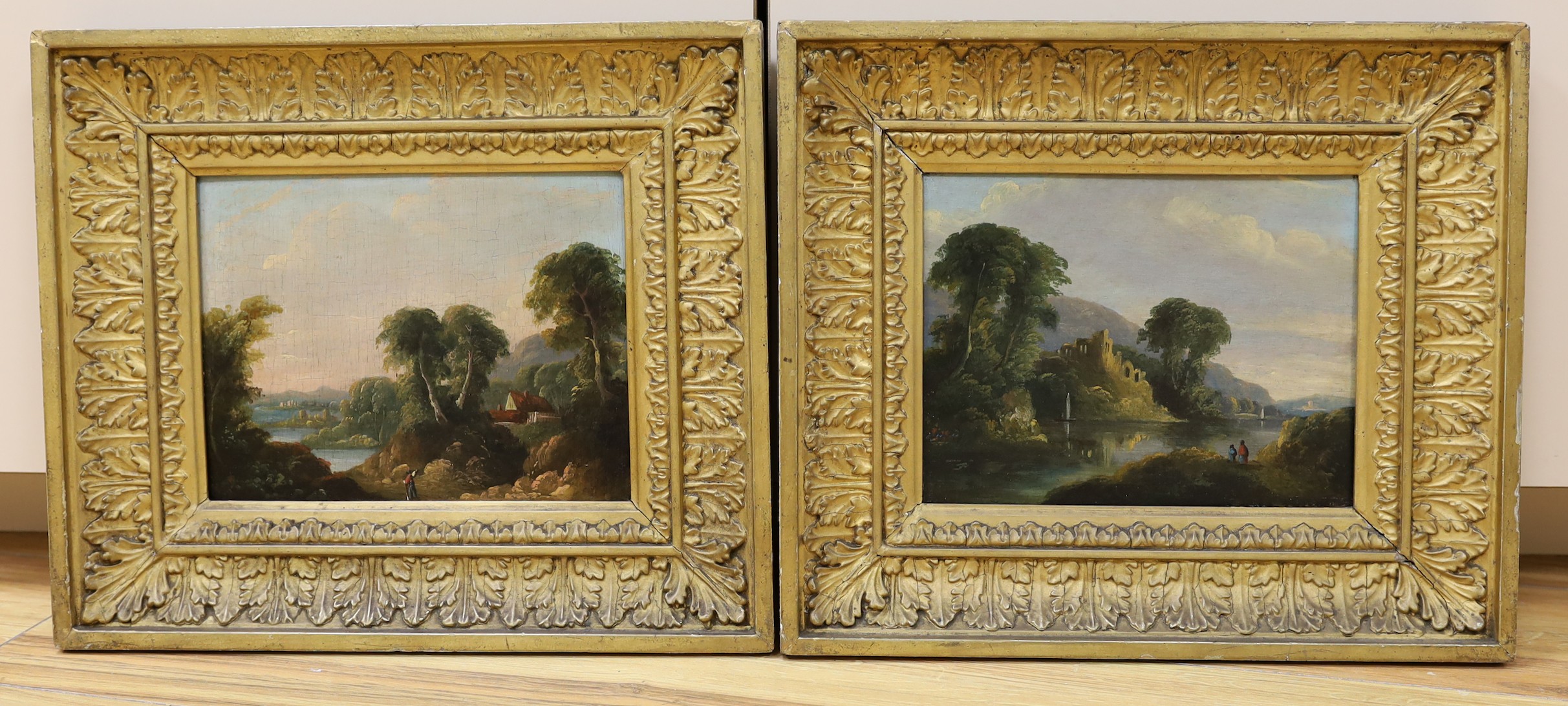 J. Williams, Liverpool (19th C.), pair of oils on wooden panels, Landscapes with travellers and ruins, 17 x 22cm